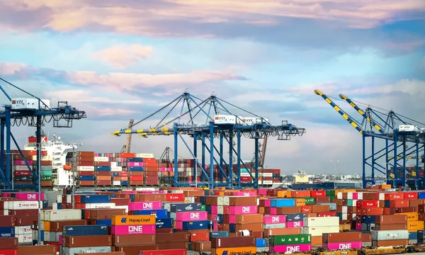 red and blue cargo containers